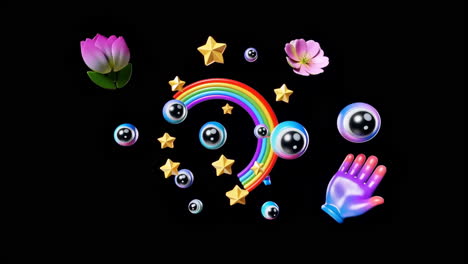 whimsical 3d floating elements with rainbow and stars