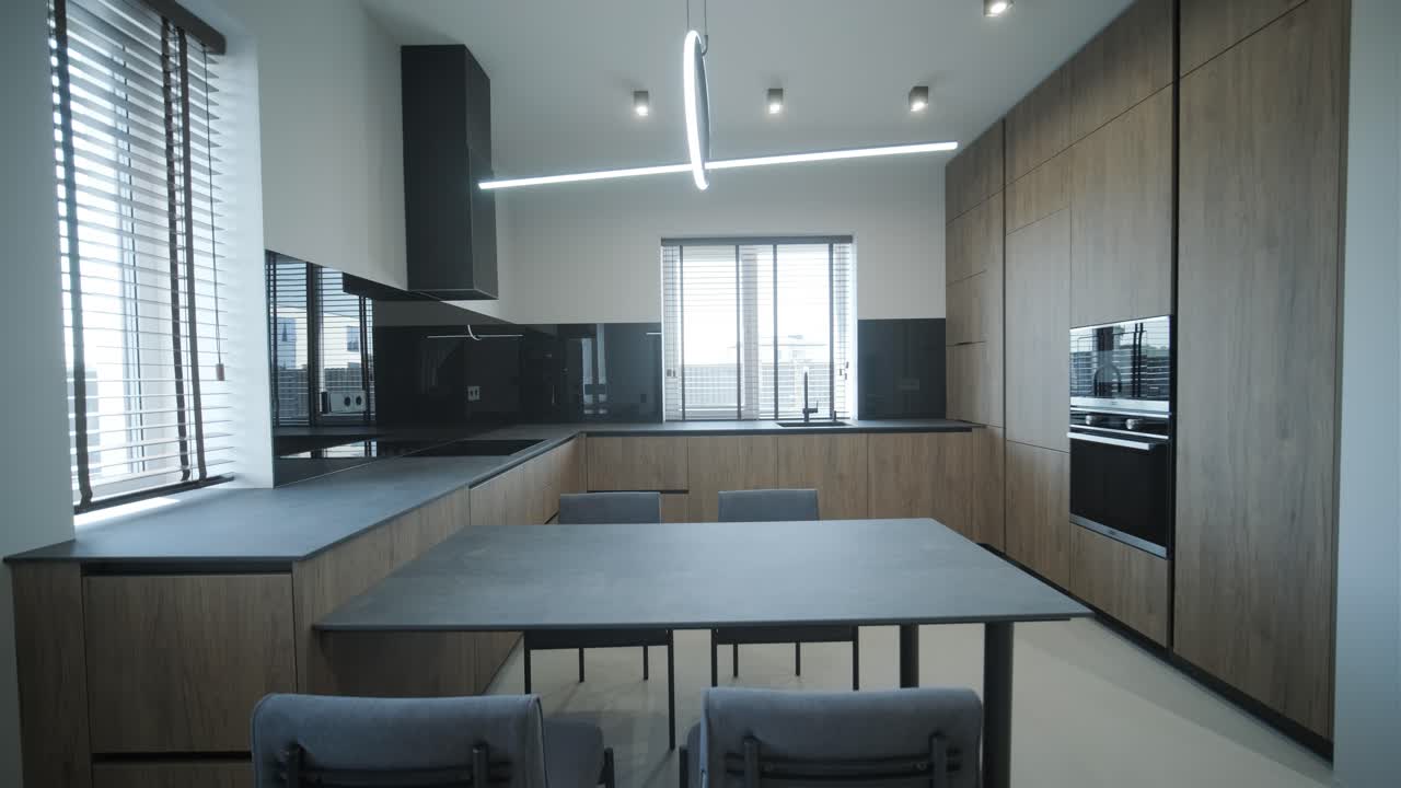 cocina moderna con armarios de madera y acentos negros