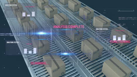 digital interface with data processing over multiple boxes on conveyor belt against blue background