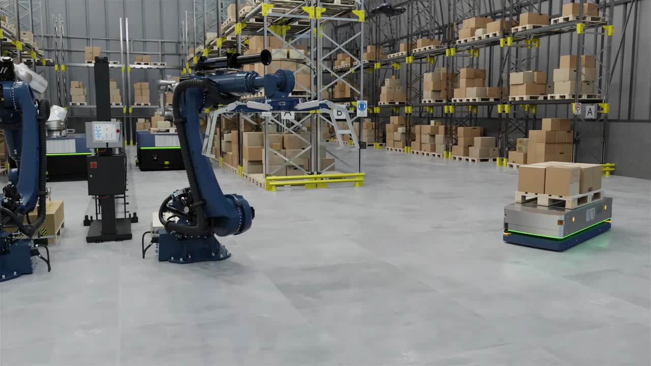 animación de robots y drones que trabajan en el almacén