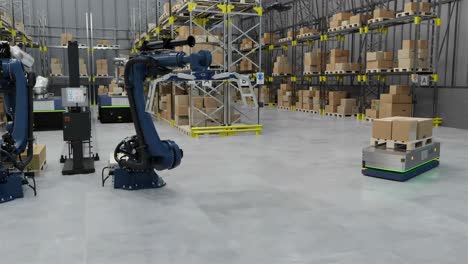 animation of robots and drones working in warehouse