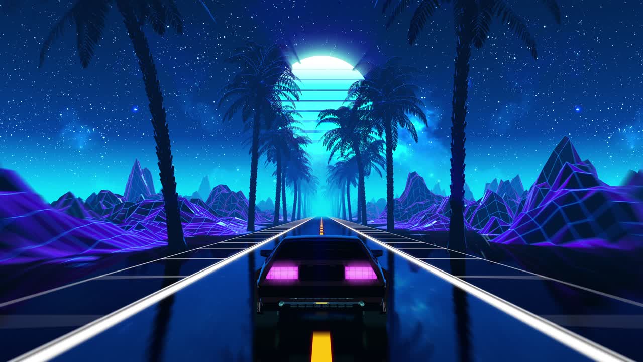 80년대 레트로 퓨처리즘 sf 시엄리스 루프: 빈티지 자동차와 함께 vj 풍경