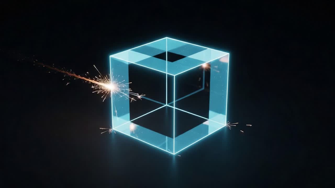A Spectacular Visual of a Glowing Cube with Spark Effects, Capturing the Essence of Digital Artistry and Innovation in a Dark Background Setting
