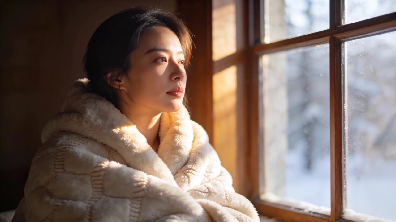 Gazing Asian woman wrapped in cream blanket turning toward window at cabin after movement outside