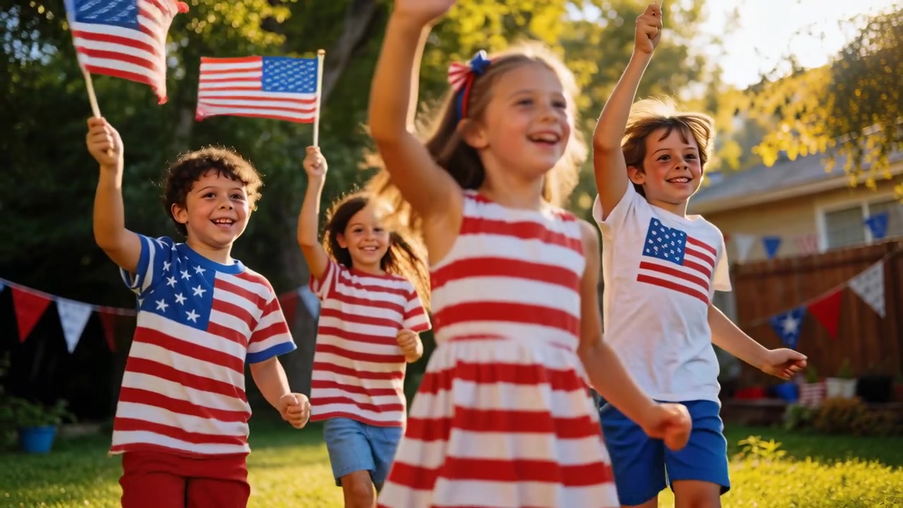Running girl in striped dress leading friends during yard parade, waving flags toward lens, bunting