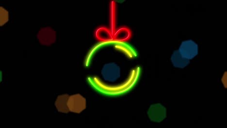 animation of neon bauble and christmas fairy lights flickering over black background