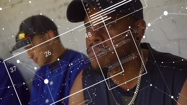 AR activating, foreground man shifting gaze for tech review with HUD panels overlaying readouts