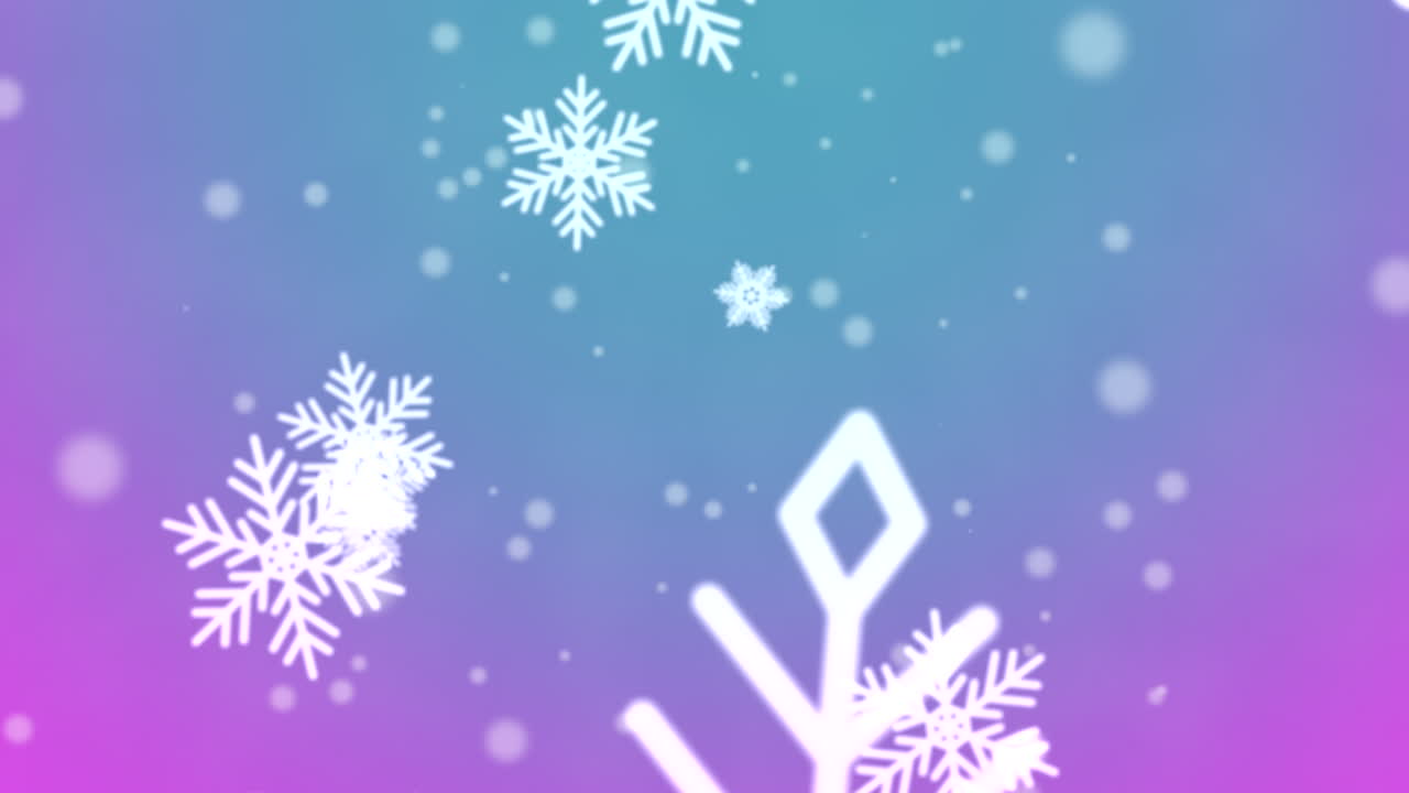 Falling white snowflakes and round glitters on blue night sky