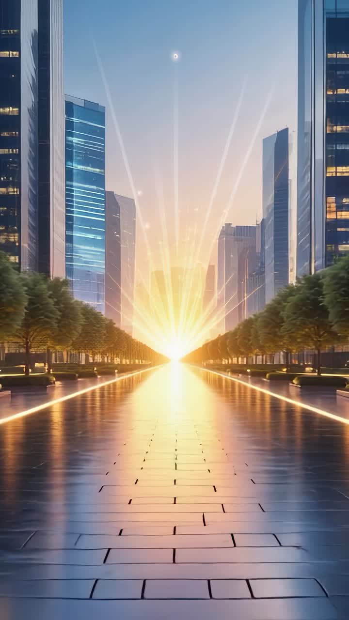 Vídeo vertical: Nascer do sol radiante lançando raios dourados sobre a avenida da cidade, com prédios