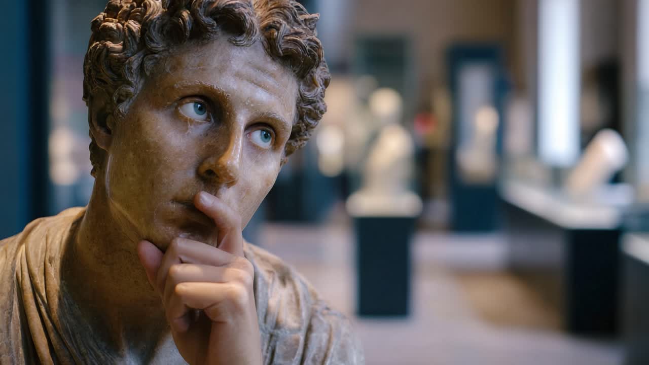 Una scultura suggestiva in un museo affascina gli spettatori con dettagli espressivi e una forma elegante, invitando alla riflessione sull'arte e l'umanità attraverso i secoli.