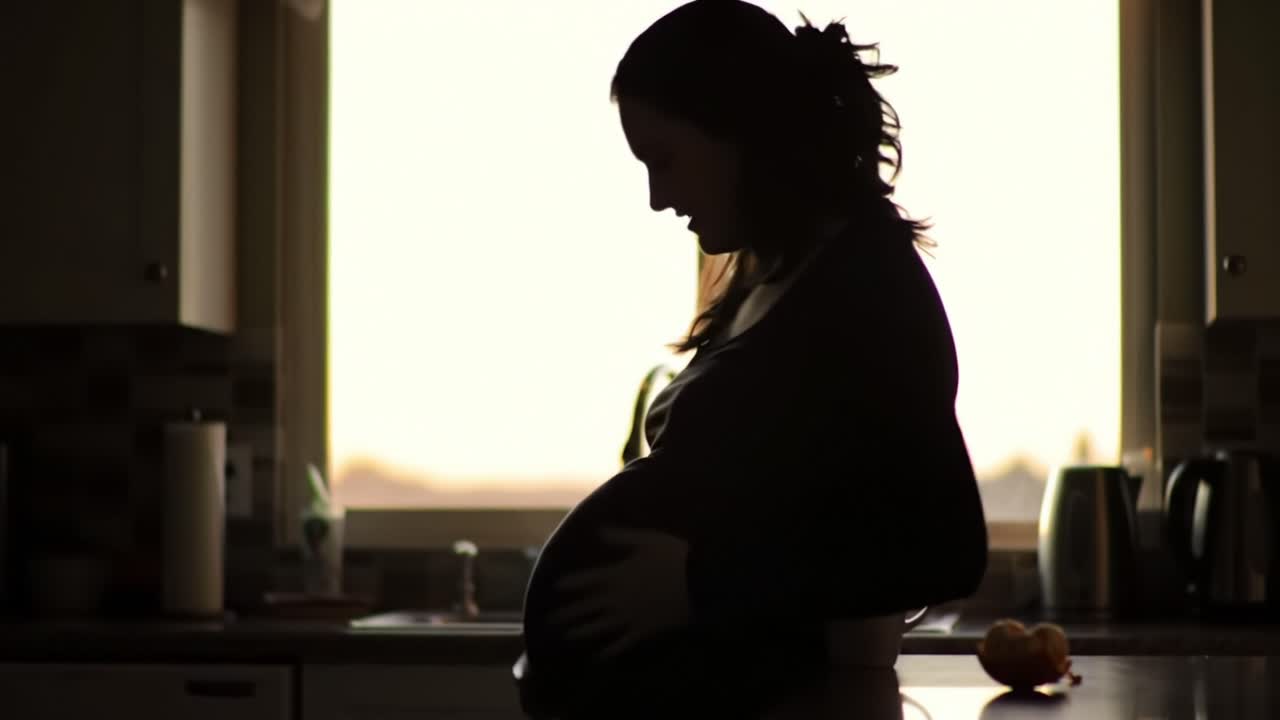 A serene moment captured in the kitchen, highlighting the silhouette of a pregnant woman, emphasizing the essence of motherhood and anticipation in a cozy home setting