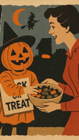 vintage halloween scene with a low-angle view of a child in a pumpkin costume