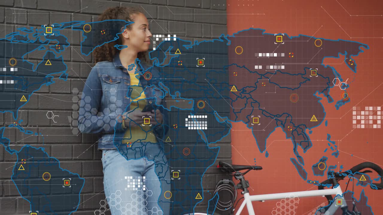 Woman tapping smartphone by brick wall and bicycle, initiating technology map overlay showing nodes