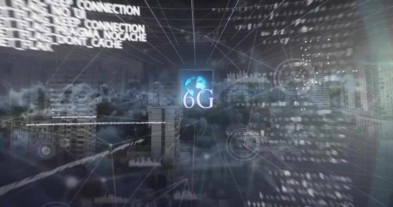 Animazione del testo 6G, globo con rete di connessioni ed elaborazione dati.