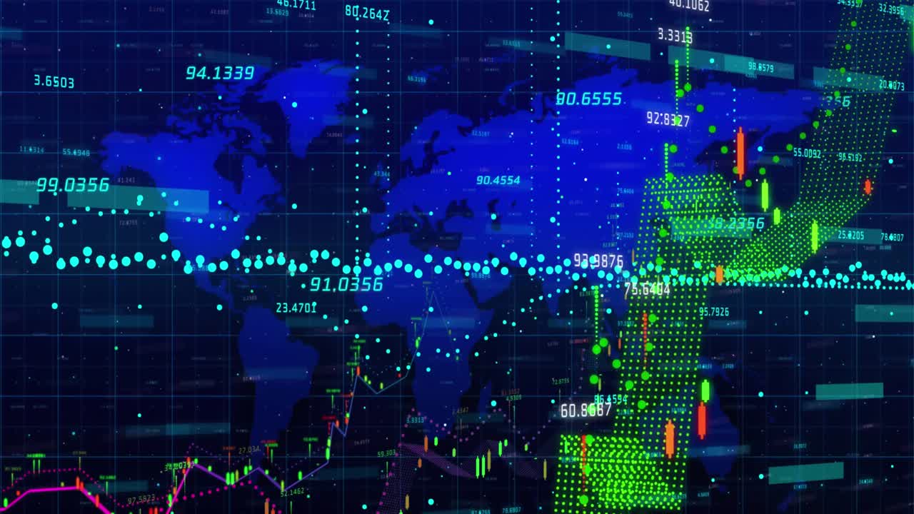 파란색 배경에 있는 지도 위의 숫자를 가진 여러 그래프의 애니메이션