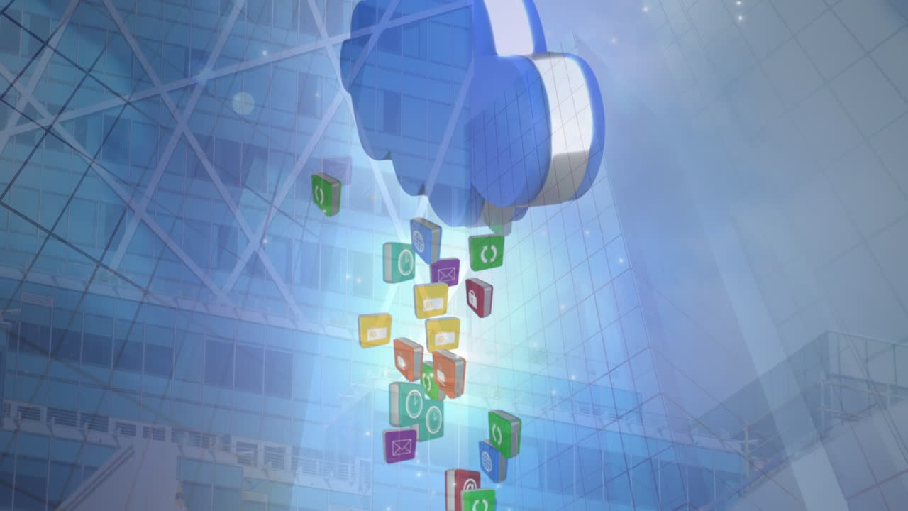 미디어 아이콘의 애니메이션과 도시 풍경을 넘겨주십시오.