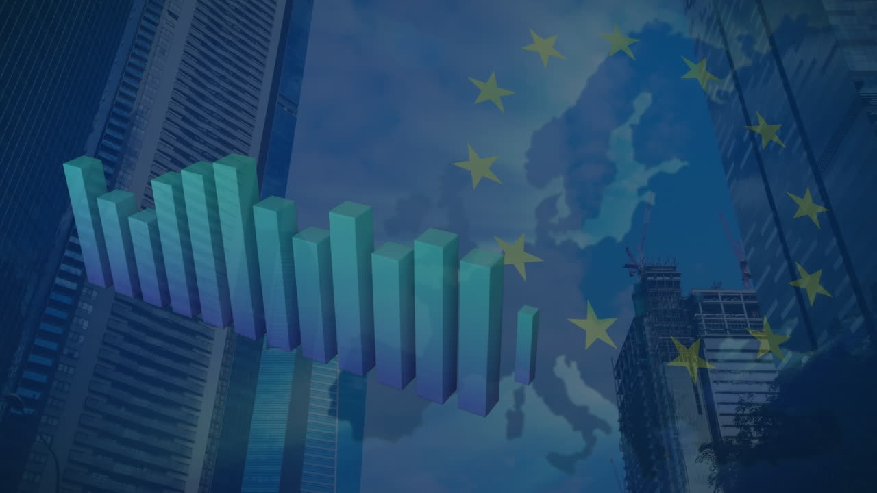 금융 데이터 처리 및 유로 발 및 도시 풍경 지도의 애니메이션