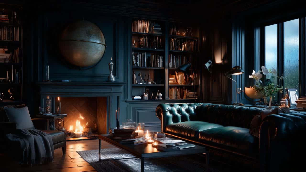 A Cozy, Elegant Living Room with a Classic Design Featuring a Dark Sofa, Bookshelves, and a Warm Fireplace, Creating an Inviting Atmosphere Perfect for Relaxation