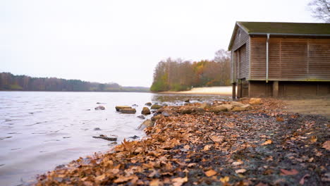 cabaña de madera junto a la orilla del río con hojas de otoño caídas en el suelo