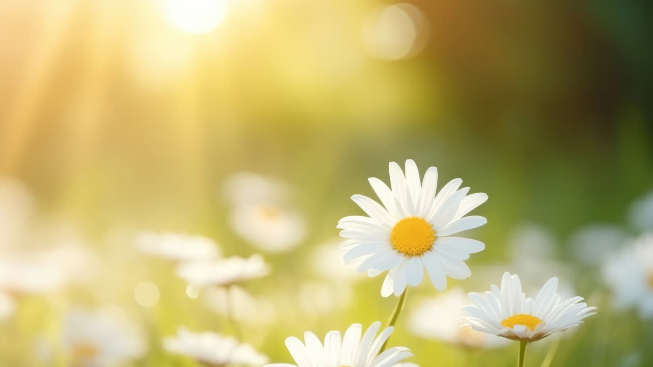 Close-up of daisies in a sunlit meadow, captured with a low-angle lens flare effect