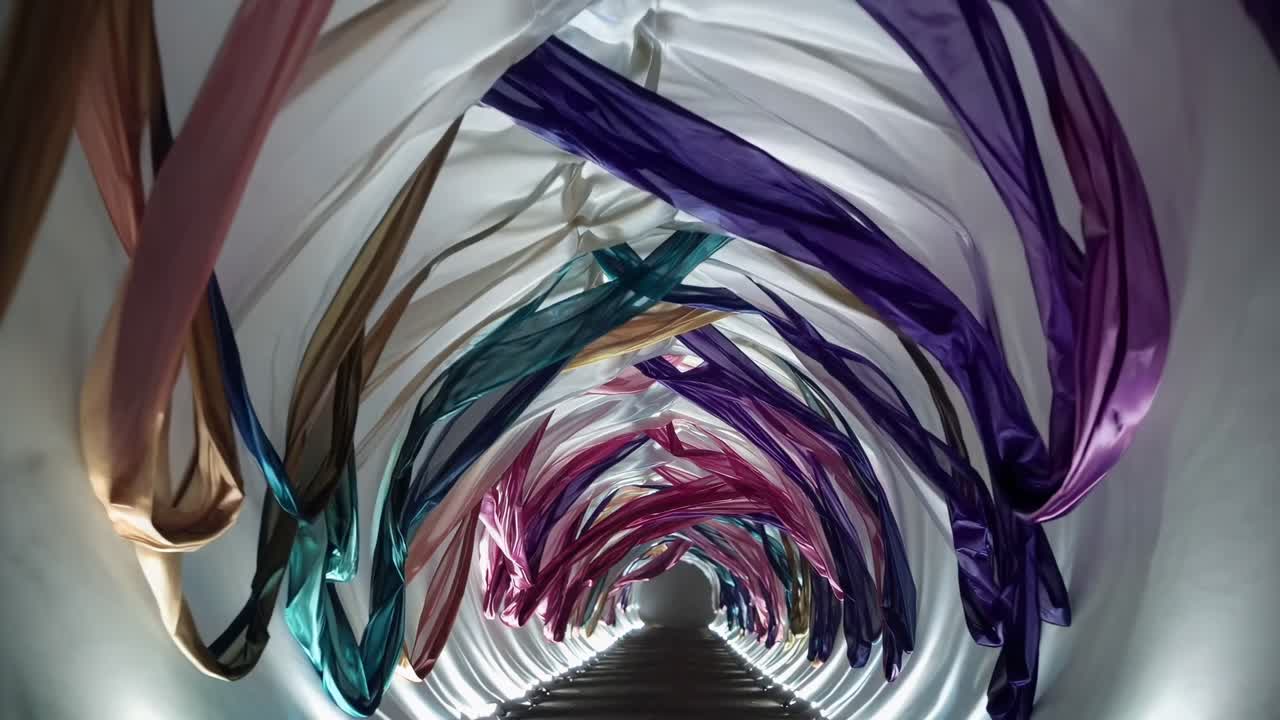 Tunnel installation art with colorful fabric and lights
