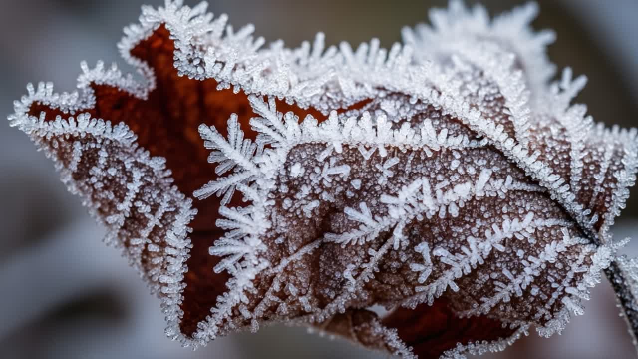 Intricate Frost Patterns on a Leaf: A Close-Up Showcase of Nature's Cool Artwork Captured in Stunning Detail and Natural Beauty