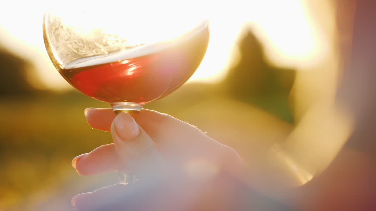 석양에 와인 잔을 들고