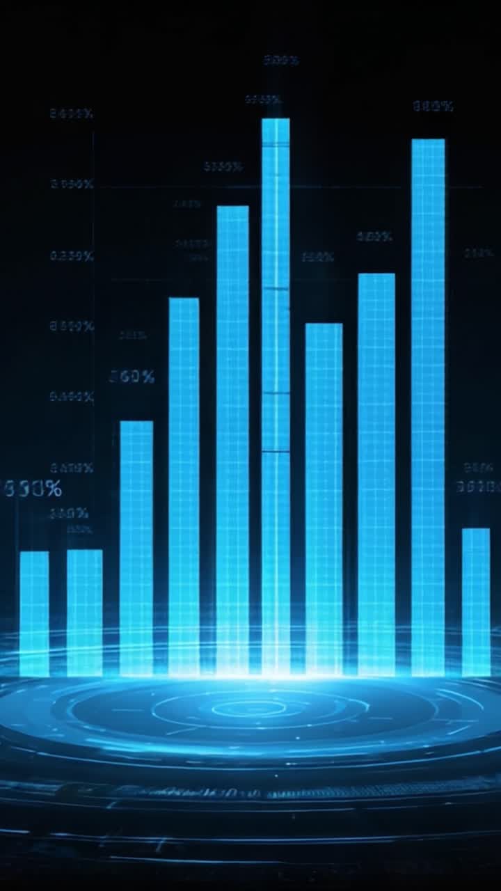 Dynamisk grafvisualisering: Analyserer datatrender gjennom imponerende blå digitale søylediagrammer i et futuristisk grensesnitt.