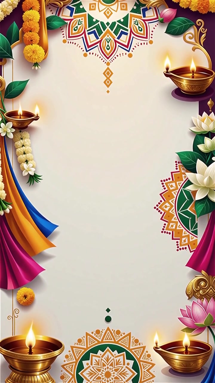 Sfondo Diwali con Diyas luminosi, Rangoli e fiori di loto