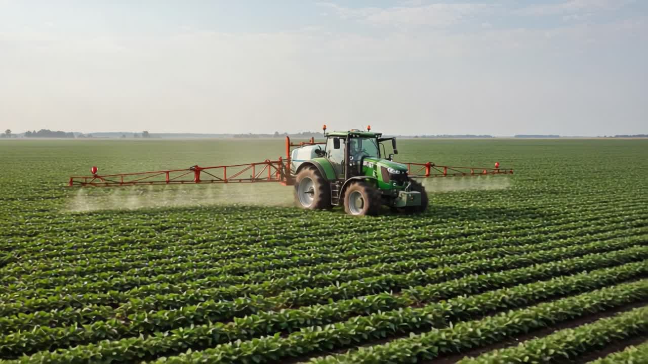 Un trattore agricolo che irrora erbicidi su campi verdi e fitti: una rappresentazione visiva delle moderne tecniche agricole e delle pratiche di sostenibilità.