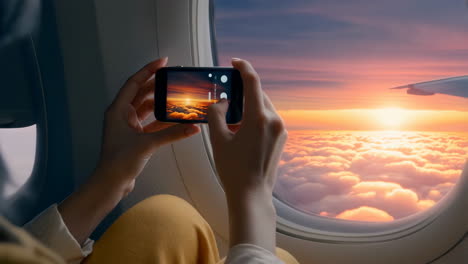 taking pictures of a sunset from an airplane window