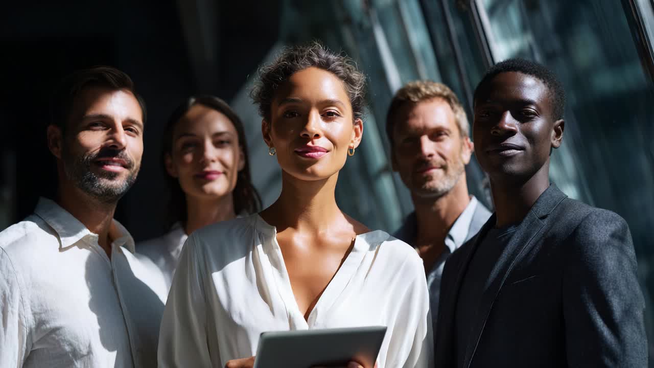 A Diverse Group of Professionals Engaged in Collaboration, Showcasing Modern Connectivity and Leadership Skills Within a Bright and Inviting Office Environment, All Radiating Confidence and Ambition