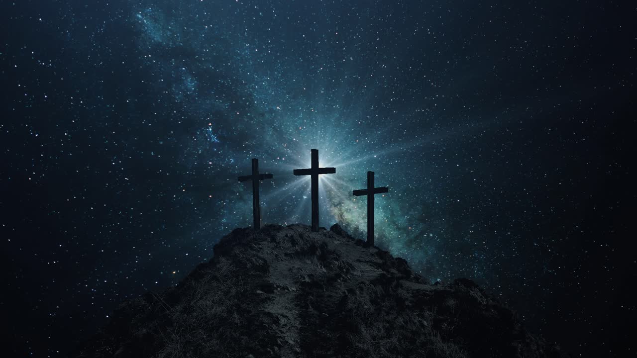 산 은하수 배경 위에 4k 세 개의 십자가 실루엣