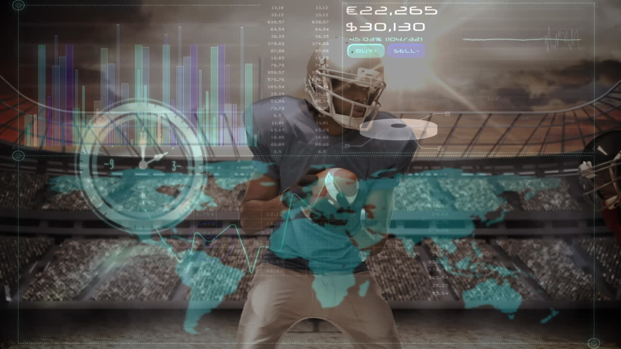 Animation of digital screen over diverse male american football players at stadium