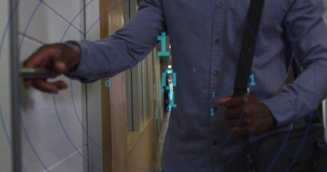 Man walking office grasping handle, opening door while cyan binary overlay floating, entering room