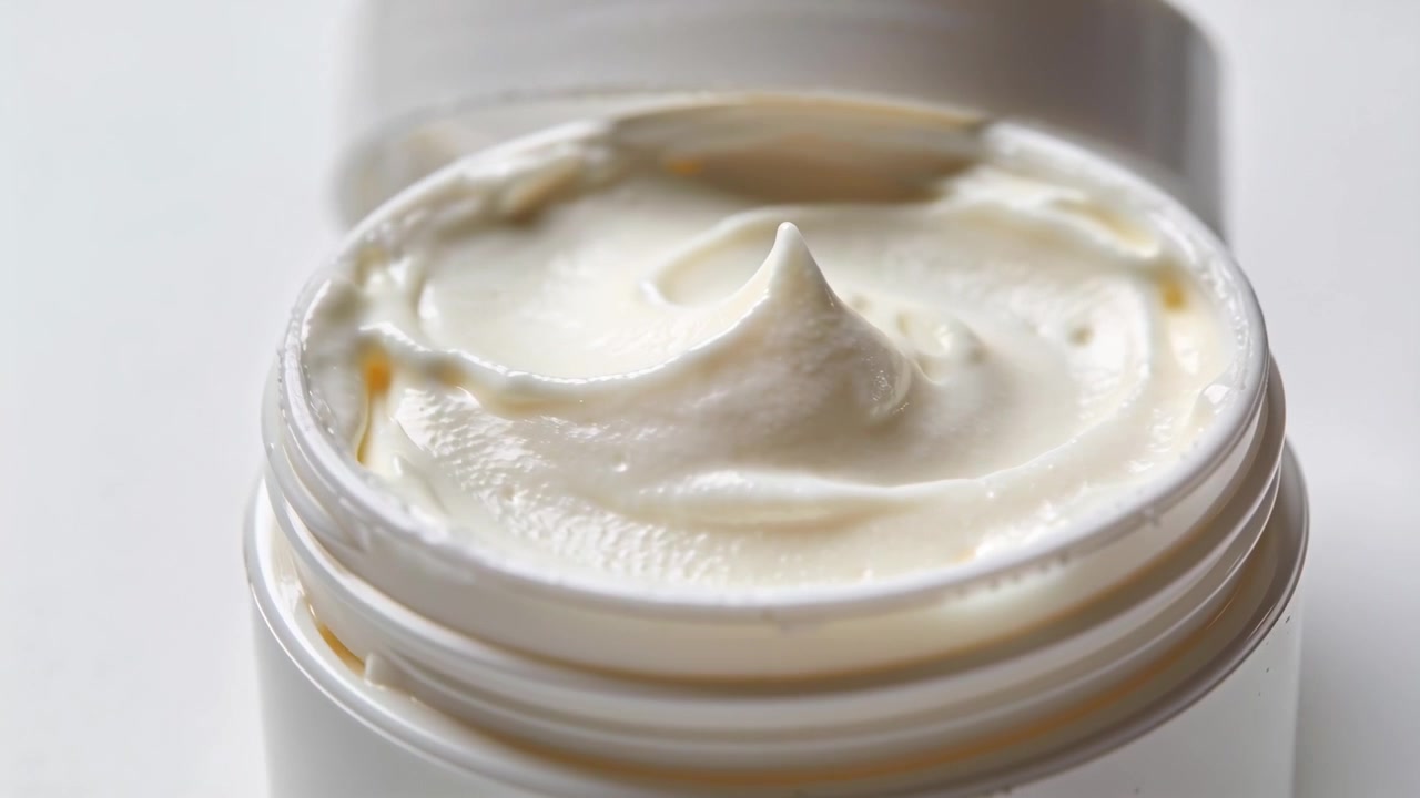 Telecamera in movimento, barattolo bianco con tappo a vite che mostra una punta di crema su un tavolo bianco, coperchio accanto al barattolo che mostra la texture