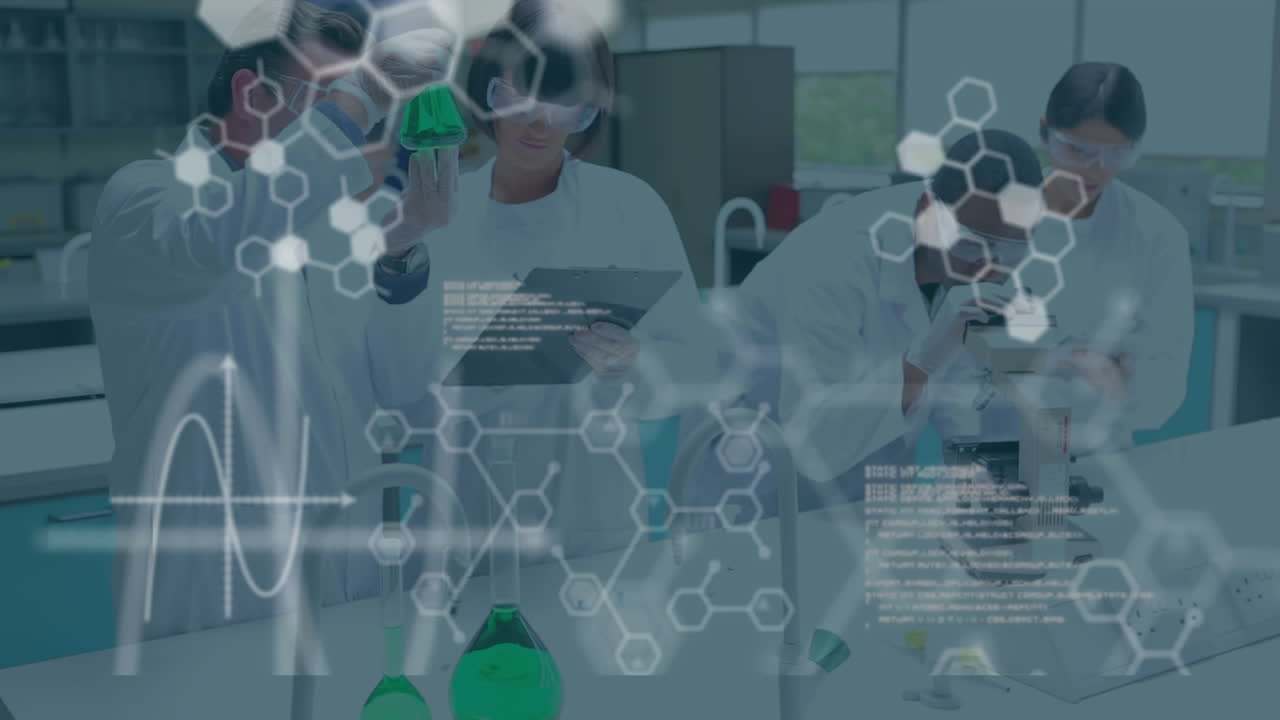 실험실에서 과학자 그룹에 대한 과학 데이터 처리의 애니메이션