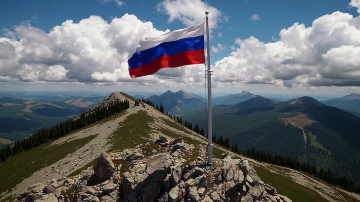 Drapeau russe sur un sommet de montagne
