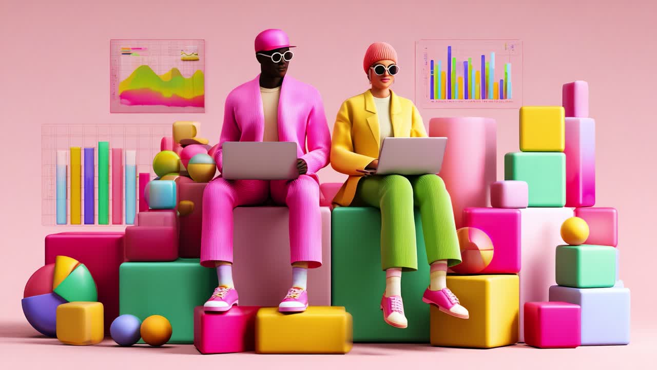 Stylish duo in vibrant outfits seated on colorful geometric shapes, engaged in work on laptops, against a playful pink backdrop with data visualizations enhancing the scene