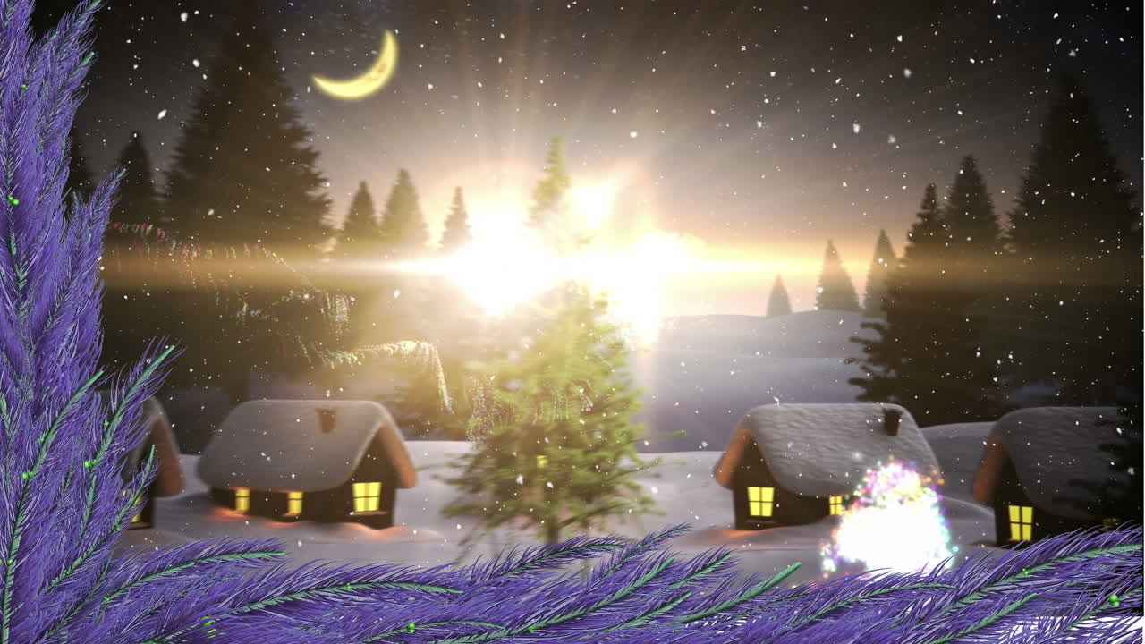 animación del árbol de navidad con decoraciones en el paisaje de invierno.