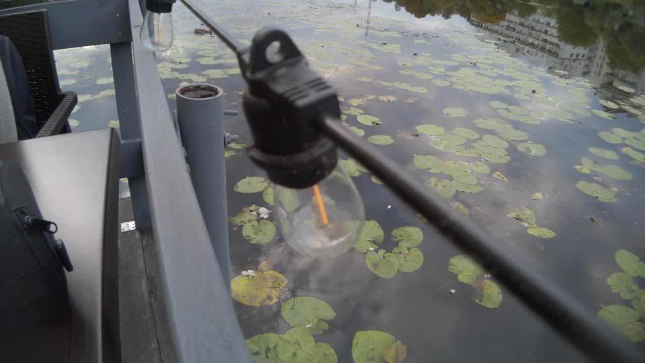 수련과 구름 반사가 있는 호수 위에 디포커스 전구 비디오