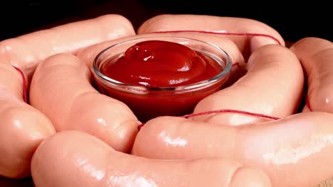 raw frankfurter sausages with ketchup on cutting board on a dark background rotate slowly.