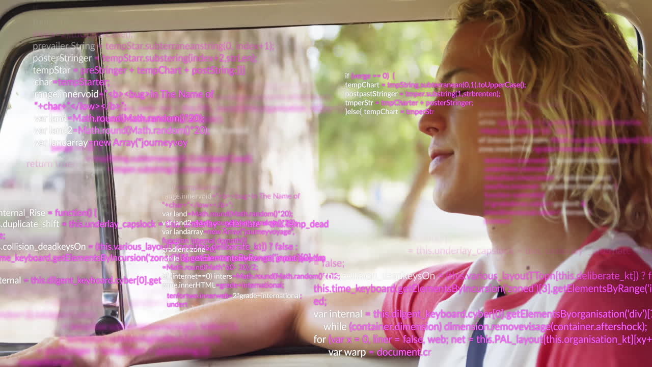 Driving car, animation of pink computer code overlaying scene, focused driver