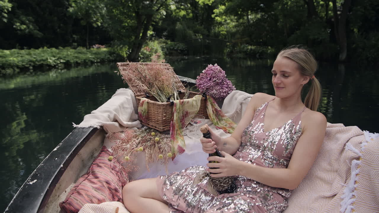 Woman opening champagne bottle on romantic rowboat, popping cork, real time