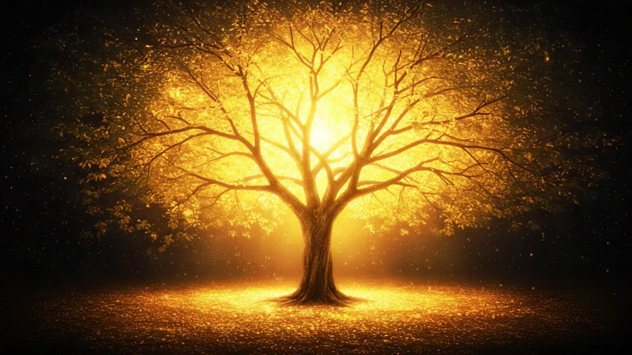 A Majestic Golden Tree Illuminated by Radiant Light Spreading Warmth and Beauty in the Enchanting Night, Creating a Magical Aura of Serenity and Wonder