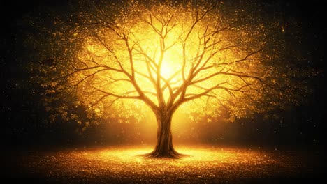 a majestic golden tree illuminated by radiant light spreading warmth and beauty in the enchanting night, creating a magical aura of serenity and wonder
