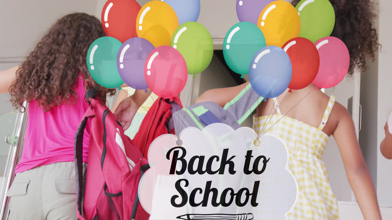 Animation of balloons and back to school text over happy diverse school kids at school