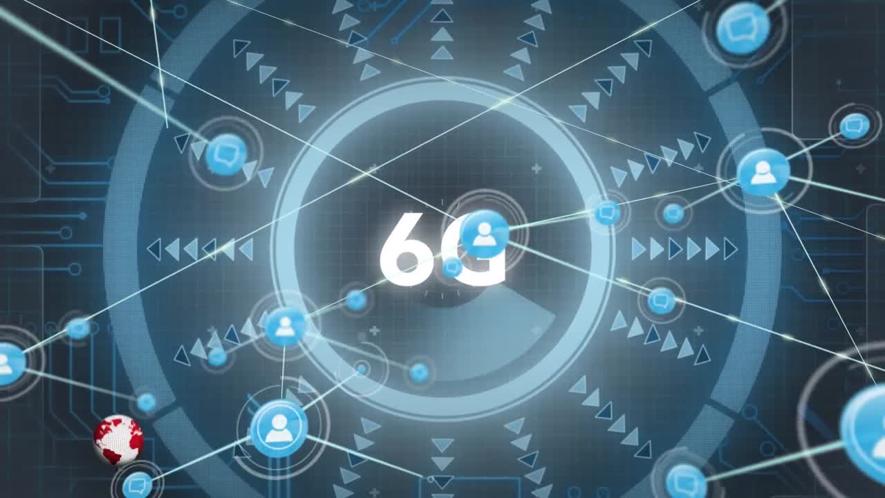 animación de 6g, noticias de última hora texto, globo, procesamiento de datos y red de conexiones.