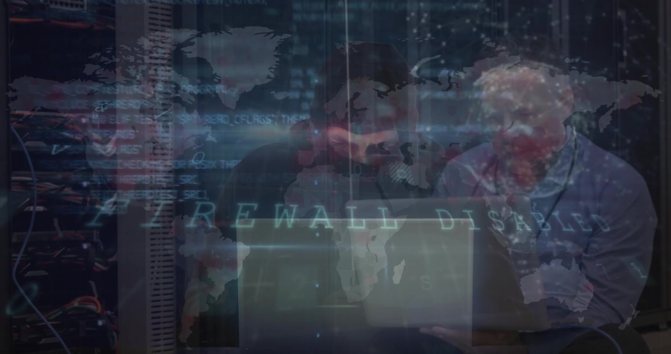 Animation of cyber security data processing over world map against male hacker using laptop