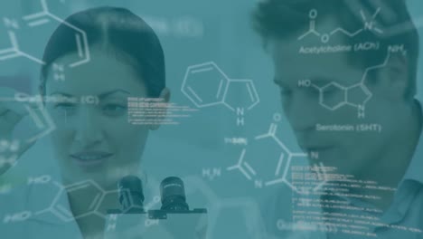 Animation-of-chemical-formulas-and-data-processing-over-diverse-female-and-male-lab-workers